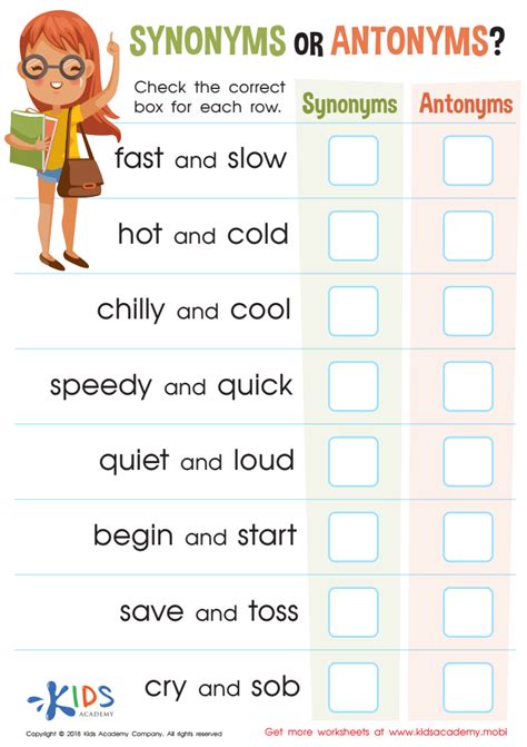 Synonyms and antonyms worksheet - Encourage your students to stretch their vocabularies with this Synonym Worksheet. The worksheet is split up into three sections:&nbsp;The first section asks students to look at a series of simple adjectives (such as "fast" and "small") and either think of or use a thesaurus to find three synonyms for each of those adjectives.The second section has three …